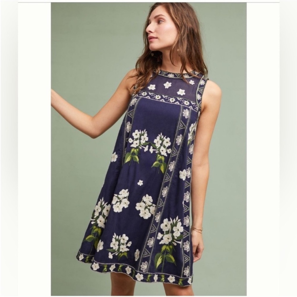 Maeve Rosa Embroidered Navy Floral Swing Dress Sleeveless Boho Mini Size 2